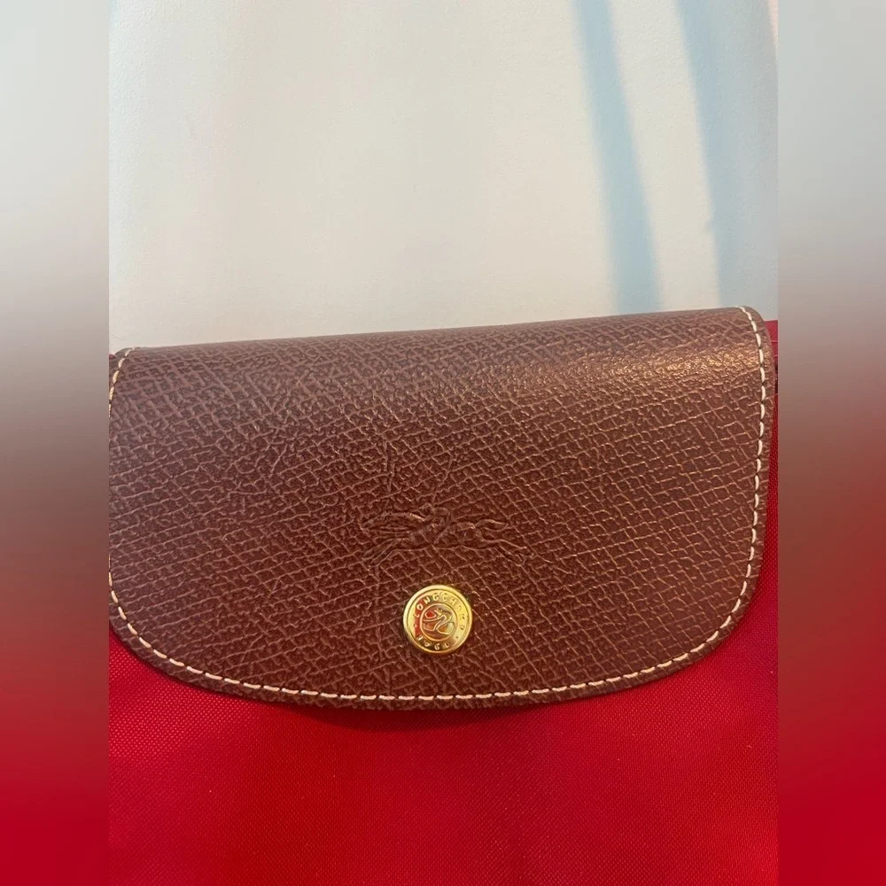 Longchamp Nylon Tote in Red with Brown Trim